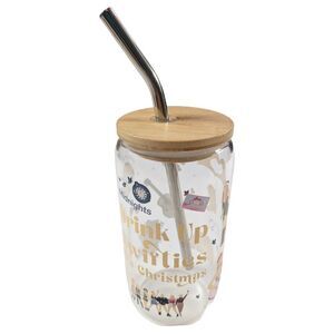 Care Bears Holiday Glass Tumbler With Bamboo Lid and Straw | Holds 16 Ounces